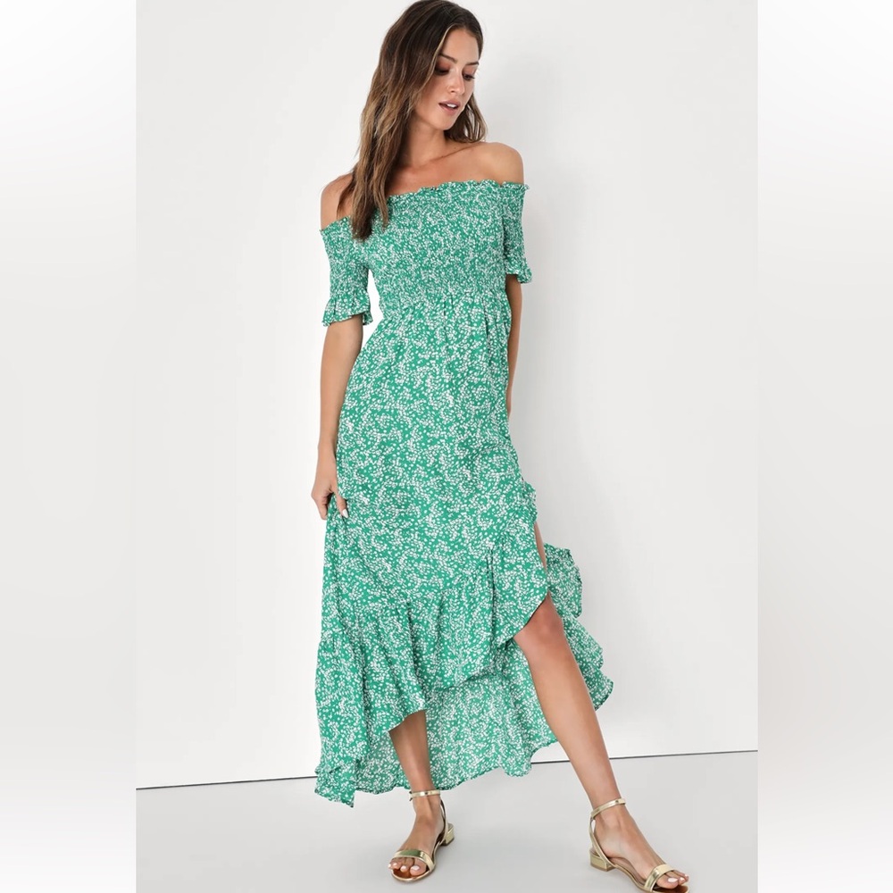 Lulu's Green Floral Off-Shoulder Maxi Dress